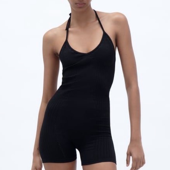 Zara Nwot Limitless Halter Neck Contour Ribbed Romper Black Size M/L
